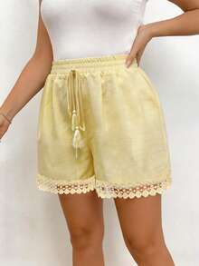 Breezaya Plus Size Women Drawstring Waist Pockets Casual Versatile Daily Wear Shorts Vacation Light Yellow Summer  Country Summer Beach Dress Festival Party - Yellow - View 6
