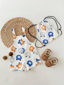 Newborn Baby Boy Cute Casual Summer Cartoon Pattern Romper With Bag - Yellow - View 4