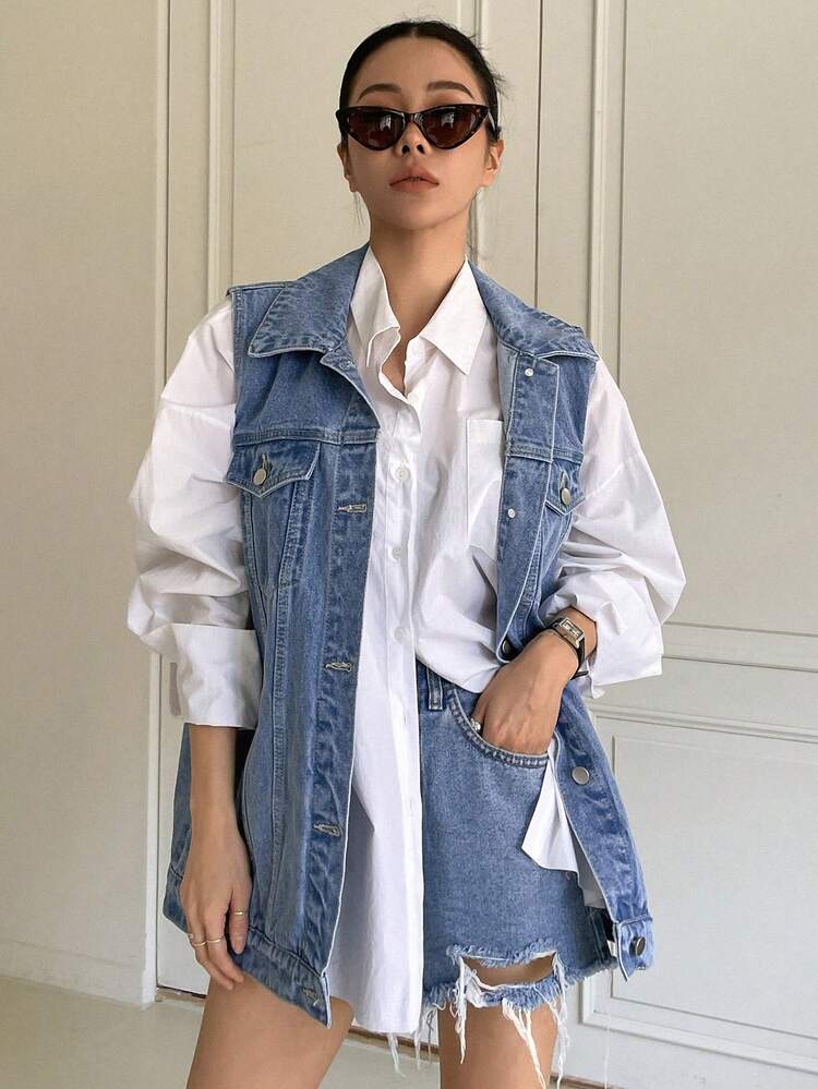 Women's Summer Fashion Washed Front Button Flap Detail Sleeveless Denim Jacket