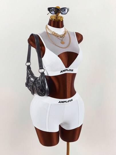 Amplova Women's Letter Print Mesh Patchwork Top And Shorts Casual Daily Outfit