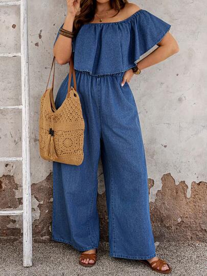Modelyn CURVE Bộ jumpsuit denim xếp ly trễ vai dáng rộng cho nữ cỡ lớn, thích hợp mặc hàng ngày, mùa hè, lễ hội, đi làm, nghỉ mát, tốt nghiệp, phong cách Y2K, dễ thương, thời trang đường phố, quyến rũ, dự tiệc cưới, thanh lịch, công sở, đi biển, tốt nghiệp, bộ jumpsuit denim xếp ly trễ vai dáng rộng ống rộng, một mảnh.