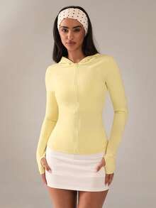 SHEIN BAE Women's Solid Color Zipper Front Hooded Sports Jacket - Yellow - View 4