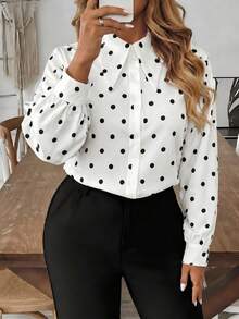SHEIN LUNE Kemeja Lengan Panjang Kancing Depan Motif Polkadot Kasual Elegan Ukuran Besar untuk Sehari-hari Formal ke Kantor/Perjalanan Musim Gugur - Hitam dan Putih - View 8