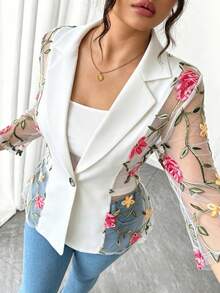 Elenzga Plus Size Women Floral Embroidery Mesh Patchwork Elegant Blazer - White - View 5