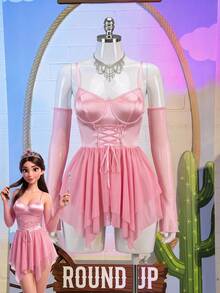 Fantasy Costume Fantasy Costume Bộ 2 món trang phục cosplay nữ hình yêu tinh, váy lưới và tay áo. - Hồng - Xem 7