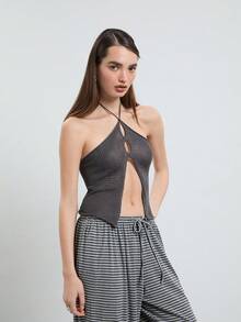 COUREZ 针织露背沙滩上衣/Y2K夏季女装无袖上衣外出装派对装节日装夏季上衣女装春季女装 - 深灰色 - 查看 4