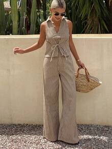 DAZY Bộ đồ denim thường ngày dành cho nữ, gồm áo cổ chữ V kẻ sọc buộc dây và quần dài. - màu nâu - Xem 5