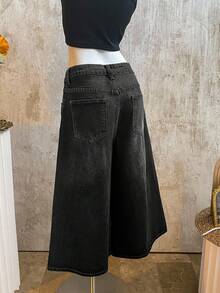 K-Vae Women's Casual Loose Fit 3/4 Wide Leg Jeans, Blue - Black - View 3