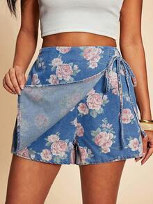 Travachic Quần short denim nữ kiểu dáng thường ngày, thắt eo, họa tiết hoa, thích hợp cho mùa hè. - Rửa trung bình - Xem 2
