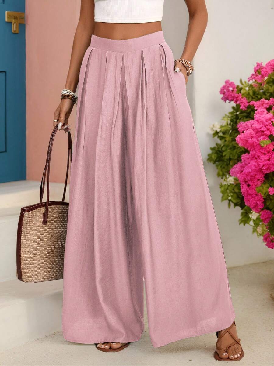 Wandoria Pantaloni a vita alta a gamba ampia in colore unito con pieghe e tasche, pantaloni mimetici verdi militari larghi, eleganti e sofisticati, stile retrò francese romantico minimalista, adatti per ufficio, pendolarismo, lavoro, casual, spiaggia, resort, primavera/estate - Rosa antico - Visualizzare 1