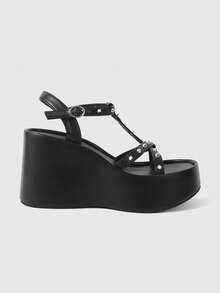 ROMWE Grunge Punk Giày nữ đế xuồng, sandal đế cao, phong cách punk với họa tiết đinh tán chéo, sandal hở mũi, thích hợp cho hộp đêm, đi làm, du lịch, giày đế xuồng nữ mùa hè. - màu đen - Xem 2