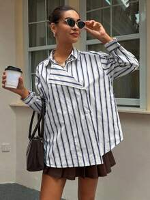 Camisa casual y holgada de 2 en 1 con rayas para mujer - Azul - Ver 3