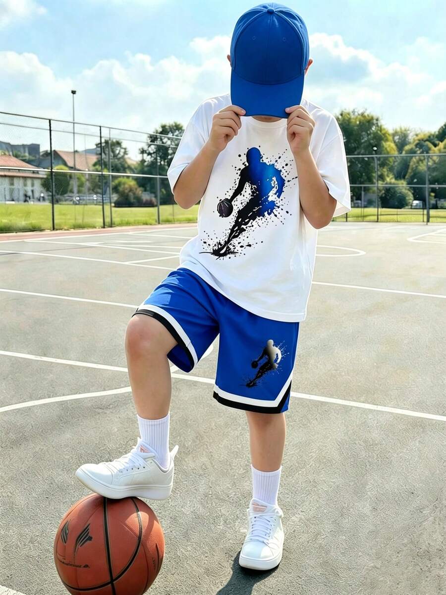 SHEIN 2件套/组 口袋设计篮球运球休闲运动泼墨印花短袖圆领T恤+口袋短裤,青少年款 - 彩色 - 查看 1
