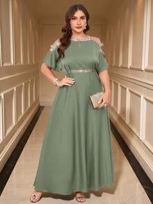 SHEIN Clasi Plus Size Elegant Splice Ribbon Open Shoulder Waist Tie Dress, Summer - Mint Green - View 6