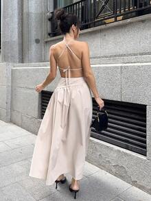 Marta Soriano 新品春夏休闲度假不对称镂空露背交叉系带长裙 - 杏色 - 查看 3