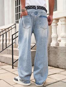 GALLERY FADE Jeans rectos de pierna suelta con efecto desgastado y estampado de copos de nieve, estilo urbano y hip hop - Lavado ligero - Ver 2