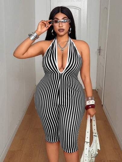 Maweii Bộ jumpsuit hở lưng gợi cảm kẻ sọc, kiểu cổ yếm buộc dây phía sau, cỡ lớn, thích hợp cho kỳ nghỉ biển.