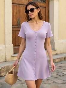 Vestido de punto de línea A con cintura ceñida y escote en V, estilo francés - Morado - Ver 4