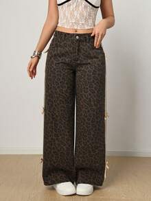 PETITE Jeans de pierna ancha de cintura baja con bloque de color lavado, decoración de lazo para mujer, jeans de mezclilla de lavado oscuro de invierno, vintage, streetwear, para fiesta de Año Nuevo - Marrón - Ver 3