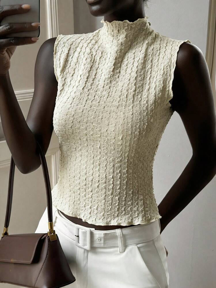 Women's Summer Casual Vacation Daily Commute Minimalist Solid Color Textured Fabric Funnel Neck Fitted Tank Top