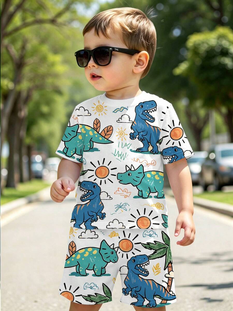 男童夏季新款恐龙印花短袖T恤和短裤两件套,幼儿休闲卡通套装,适合户外玩耍 - 彩色 - 查看 1