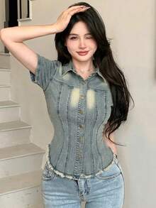 DAZY 复古水洗浅蓝色毛边拼接休闲甜美少女风修身宽松度假街头风轻薄户外短袖女式牛仔外套，适合春夏Y2K风格 - 淺色水洗藍 - 查看 6