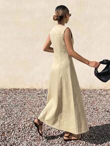 Livesso Đầm denim midi dáng suông, rộng rãi, thanh lịch, thích hợp cho mùa xuân và hè, phong cách Bohemian, thường ngày, đi nghỉ mát, du lịch, nghỉ mát, đi biển, công sở, dành cho nữ. - Màu be - Xem 5