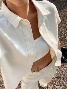 Camisa de mezclilla tipo cardigan de estilo casual y suelto para primavera y verano, blusa blanca, adecuado para el Día de San Valentín, boda, oficina casual, estilo minimalista, al aire libre, casual de negocios, pantalones vaqueros de pierna recta, conjunto de 2 piezas para mujer - Blanco - Ver 4