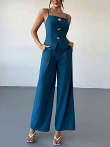 Conjunto de 2 piezas de verano/ 2016 de estilo minimalista retro casual de estilo commuter con top sin mangas y pantalones de pierna ancha de cintura alta de unicolor para mujer - Agua verde azul - Ver 4