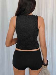 TRNVIE New Chinese Style Asymmetric Hollow Lace Tank Top - Black - View 2