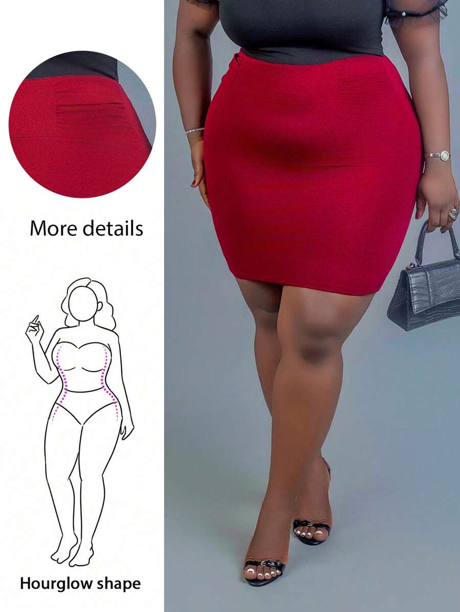 CurvyTilda Plus Size Women Solid Color Ruched Elegant Bodycon Skirt, For Hourglass Body Shape - Burgundy - View 1