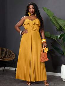 Reflora Plus Size Women Solid Color Backless Tie Pleated Wide Leg Jumpsuit - Yellow - View 4