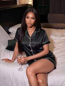 Silforma Contrast Piping Blouse & Shorts PJ Set / Pajama Set - Black - View 3
