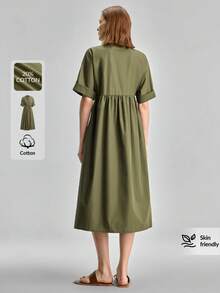 Ontre 女士休闲纯色抽绳腰连衣裙，夏季 - 軍綠色 - 查看 3