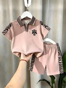 2pcs/Set Young Boy Soft Knit Fabric Solid Color Print Short Sleeve Polo Shirt And Shorts Set, Suitable For Summer Casual, Holiday Wear - Khaki - View 9
