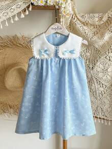 SHEIN Elladie kids 2件裝少女夏季休閒藍色碎花洋裝，附可愛蝴蝶結與荷葉邊領，適合日常、度假、通勤，優雅穿搭 - 藍色 - 查看 4