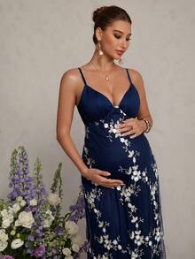 MaterniChic Vestido de maternidad elegante con tirantes bordados para vacaciones - Azul Marino - Ver 6