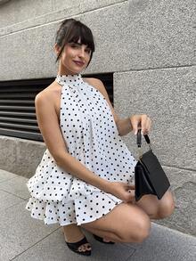Marta Soriano 女款優雅圓點印花掛脖露背迷你洋裝，女款優雅洋裝，新年洋裝，女款優雅夏季洋裝 - 彩色 - 查看 6