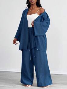 SHEIN PETITE CURVE 大尺碼女款兩件套，純色丹寧藍與白色夏季休閒度假套裝，前綁帶長袖上衣與高腰長褲套裝 - 藏蓝色 - 查看 4