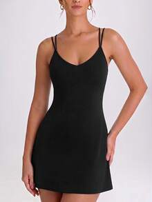 Firerie Women's Elegant Black Spaghetti Strap Backless Mini Dress, Deep V Neck A-Line Party Dress,Club Night,Summmer Boho Beach Vacation Cocktail Outfit - Black - View 9