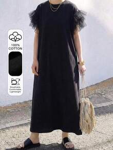 FRIFUL 中老年女性纯色网纱拼接连衣裙夏季连衣裙 - 黑色 - 查看 1