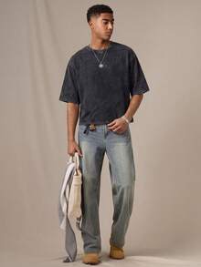 SWAVVY Camiseta de manga corta de cuello redondo con ajuste holgado casual para hombre con bordado, gris - Gris - Ver 2