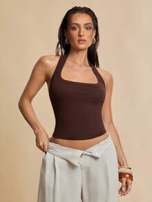 Silquee Women's Brown Basic Ribbed U-Neck Tank Top, Versatile, Backless, Crossover Design, Fitted Halter Neck Tank Top, Suitable For Summer Wear, Commuting, And Everyday Wear. - Brown - View 2