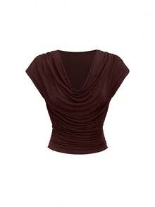 Ellevyn Scooped Neck Top And Pleated Slit Midi Skirt Set, Suitable For Daily Wear - Rust Brown - View 8