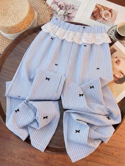 SHEIN Franclia Summer Casual Loose Wide Leg Pants, Striped Bow Print Embroidered Floral Trim Decoration, White Sports Trousers