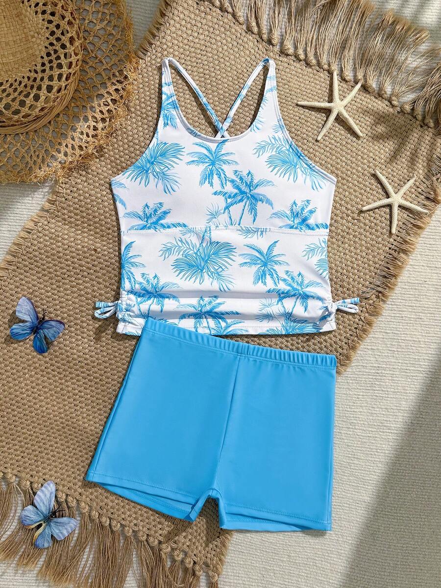 SHEIN Bộ đồ bơi tankini buộc dây hở hông in hình cây cọ cho bé gái tuổi mới lớn, họa tiết ngẫu nhiên - Màu xanh lam - Xem 1
