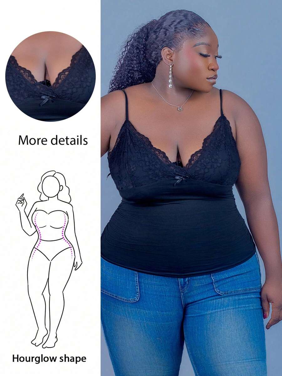 CurvyTilda 加大尺碼女性夏季對比蕾絲褶皺背心上衣 - 黑色 - 查看 1