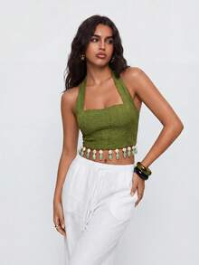 Avantive Women's Sexy Vacation Halter Neck Backless Top With Tassel Hem - Green - View 6