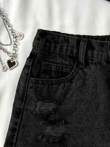 SHEIN 青少年女孩Y2K休閒春夏波西米亞風破洞原邊牛仔短褲，女孩夏季，兒童女孩春夏休閒度假鄉村波西米亞穿搭，兒童女孩海灘穿搭，女孩西式街頭風，春假，電音節牛仔短褲 - 黑色 - 查看 3