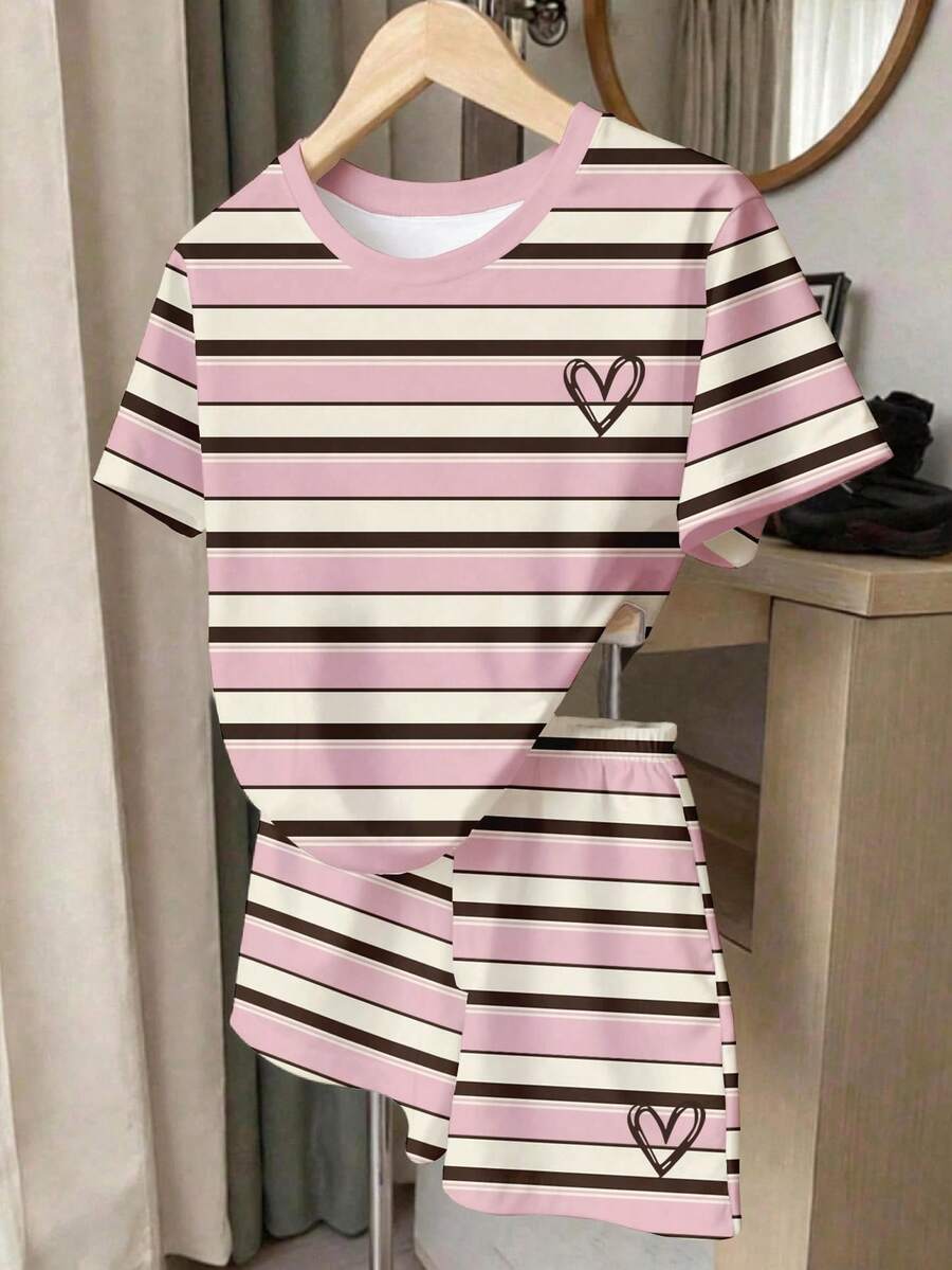 2pcs/Set Girls Casual Striped Short Sleeve T-Shirt And Shorts Set,Pastel Pink Summer Cute Family Matching,Round Neck Tee,Comfortable Daily Wear